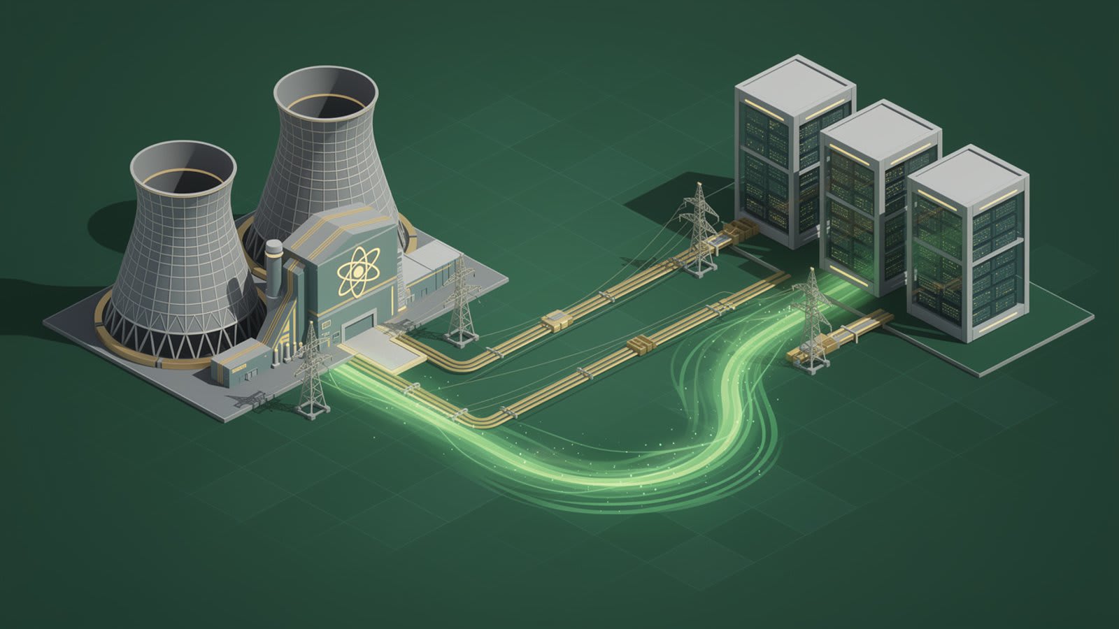 Illustration de l'énergie nucléaire française alimentant les data centers avec une architecture isométrique épurée