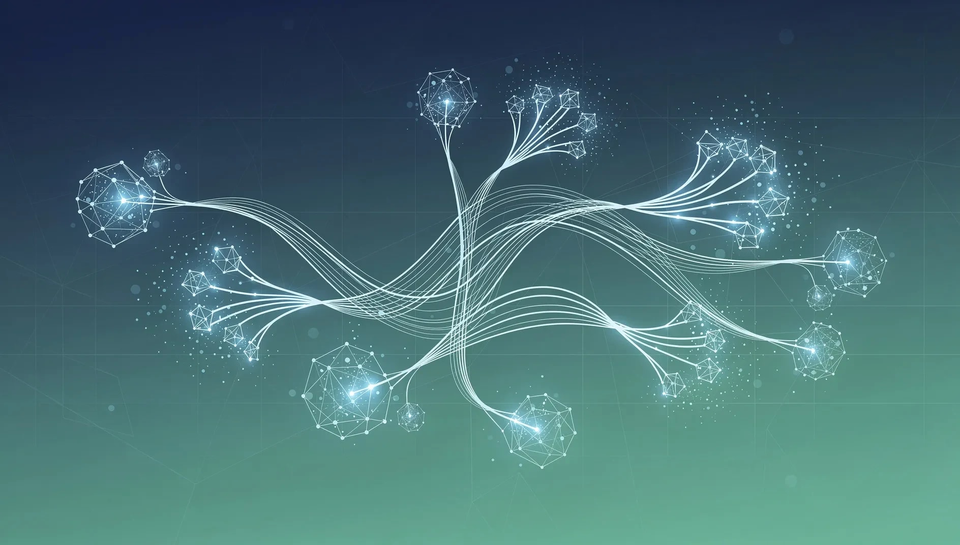 Visualisation abstraite d'agents d'intelligence artificielle collaborant avec des flux de travail humains, illustrant la transformation du logiciel d'entreprise