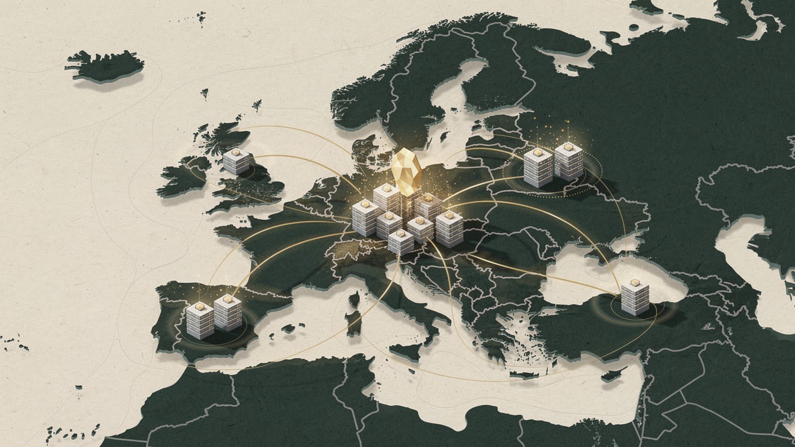 Cartographie isométrique du marché européen des data centers souverains avec hubs Paris, Francfort, Amsterdam