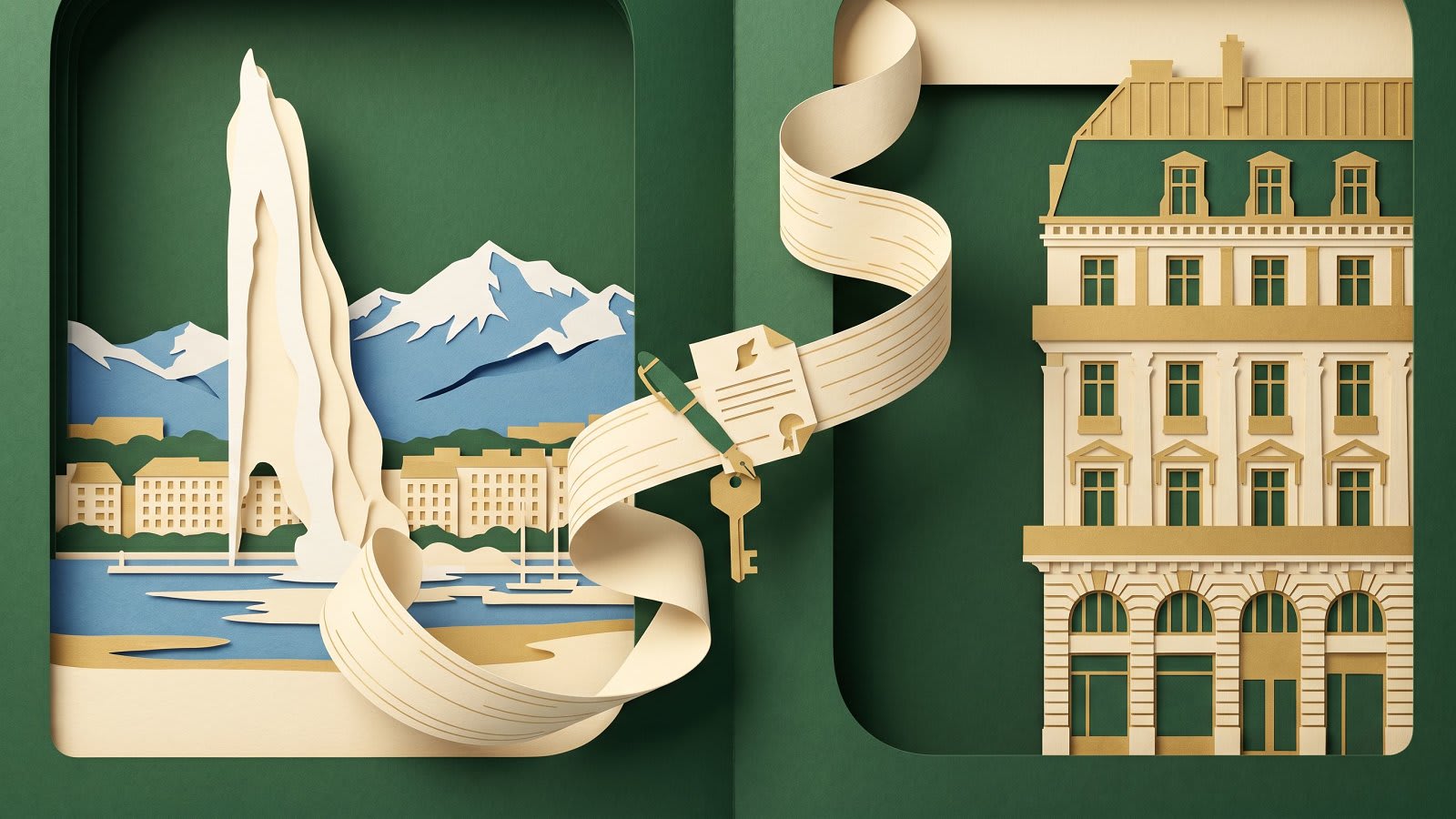 Illustration papier découpé d'un résident suisse finançant un bien immobilier en France avec une assurance emprunteur déléguée