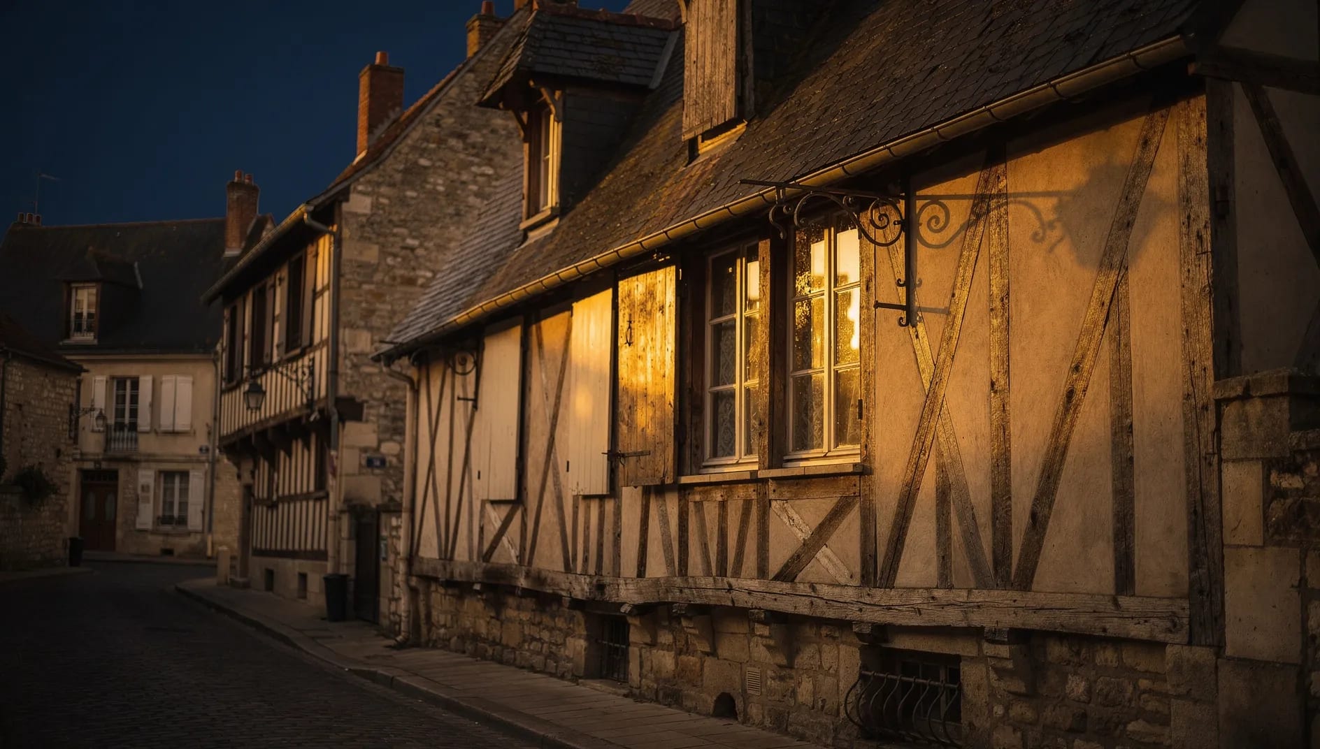 Façade à colombages de Troyes au crépuscule évoquant l'ancrage local de la mutuelle Aubéane Mutuelle de France