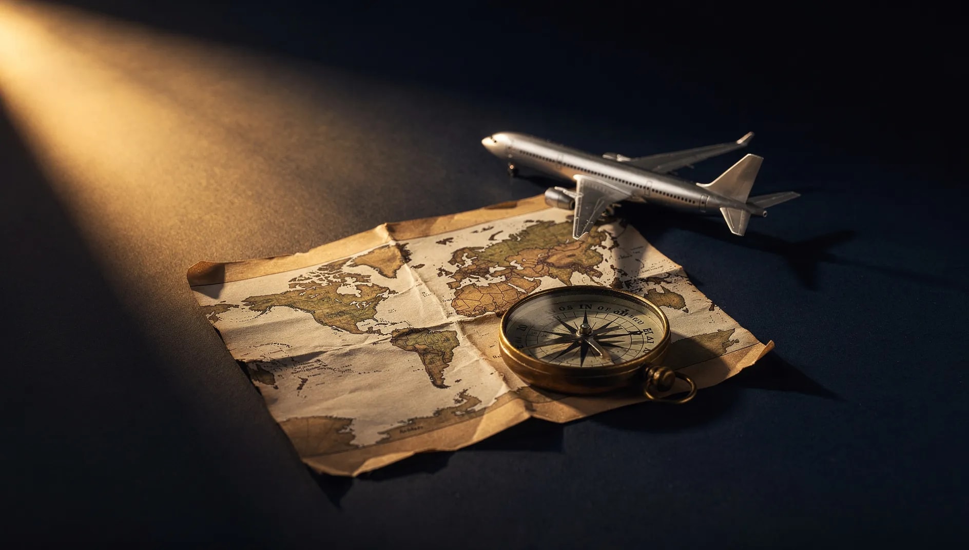 Boussole en laiton et carte du monde évoquant l'assistance voyage et le rapatriement d'Europ Assistance