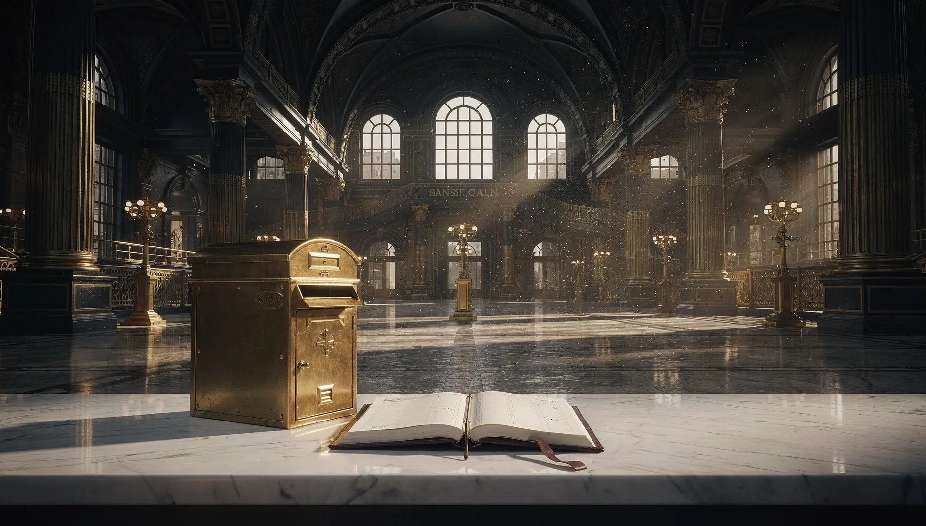 Intérieur classique d'un bureau de poste aux teintes dorées évoquant le réseau de La Banque Postale Assurances