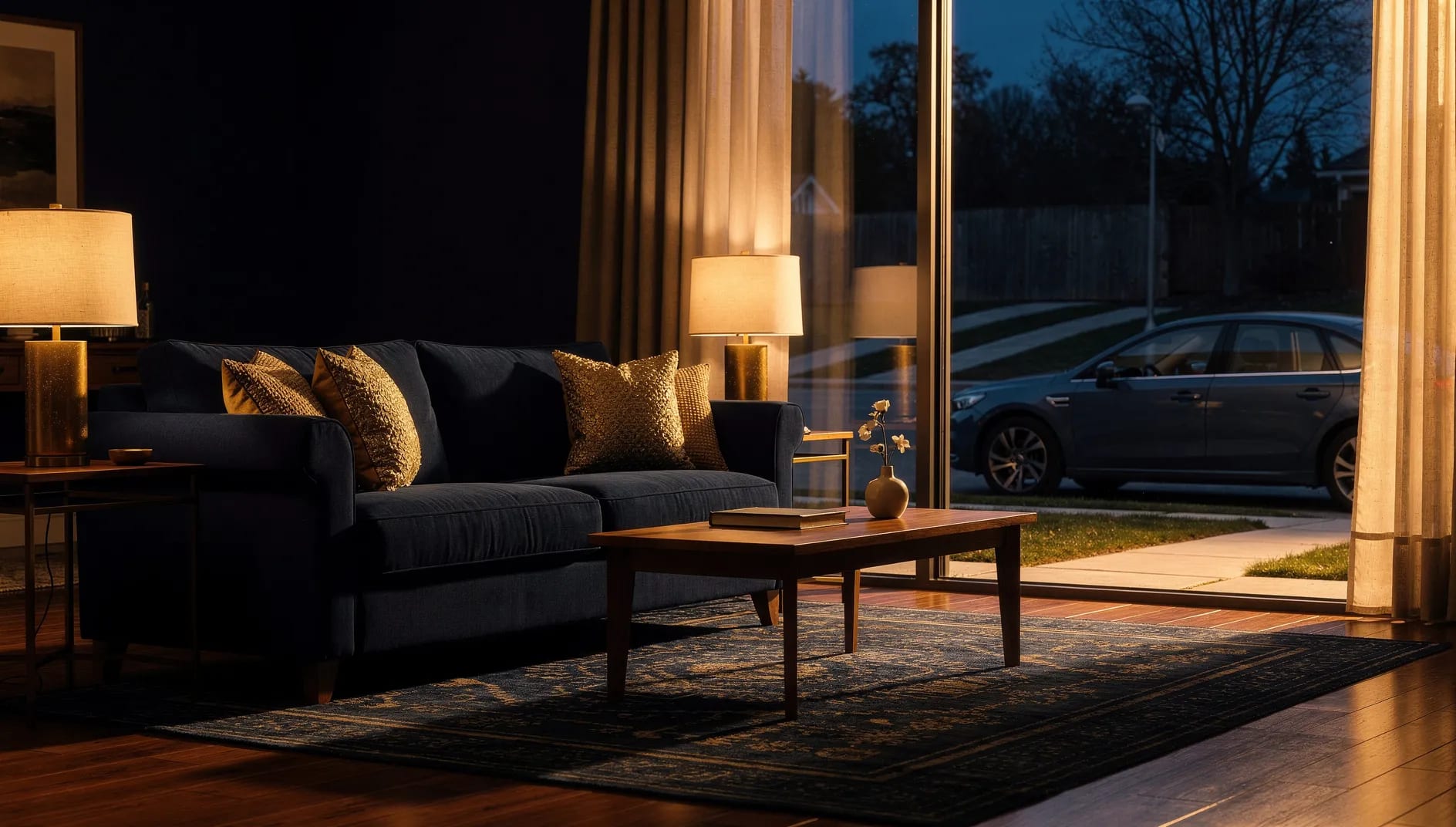 Intérieur de foyer et automobile au crépuscule évoquant les assurances MACIF auto et habitation