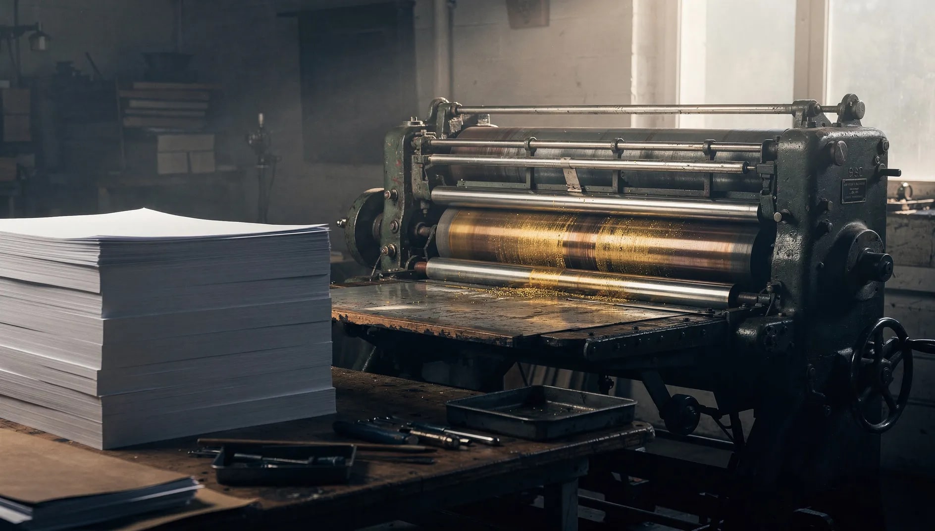 Presse d'imprimerie et feuilles de papier évoquant le secteur des industries graphiques couvert par la MGI
