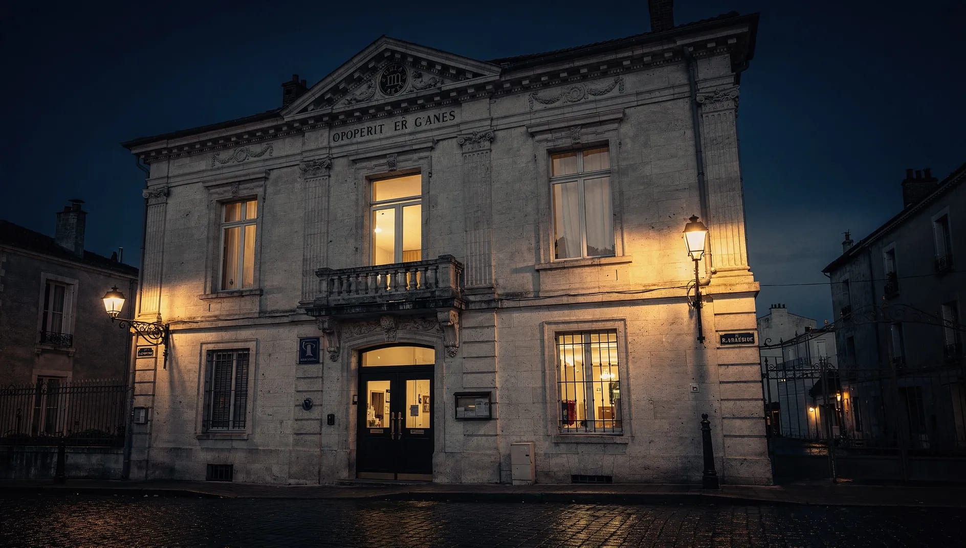 Façade en pierre d'une banque régionale au crépuscule évoquant la mutuelle Banque Populaire Mutualité