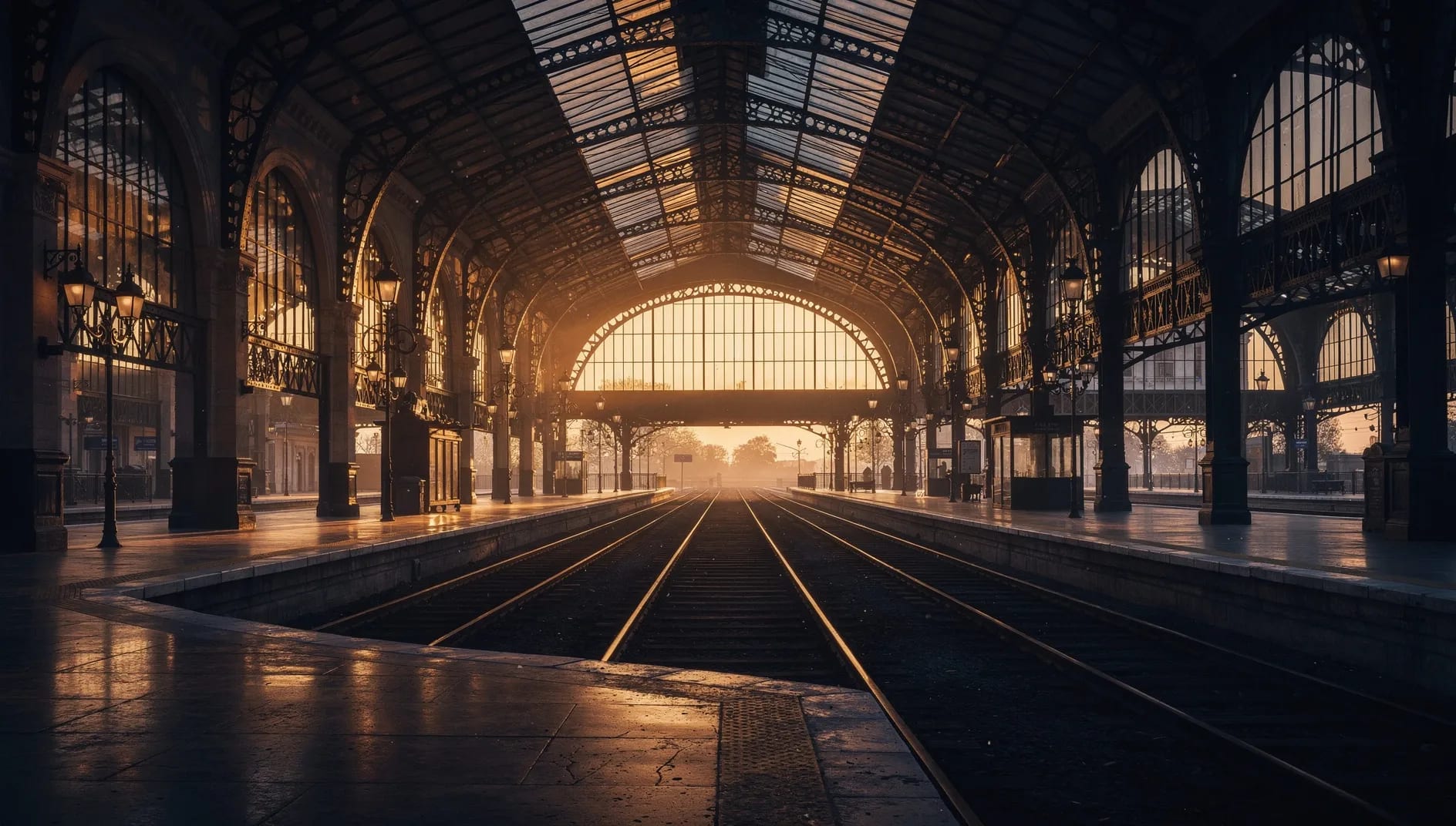 Hall de gare ferroviaire à la lumière dorée évoquant les origines cheminotes de Mutuelle Entrain