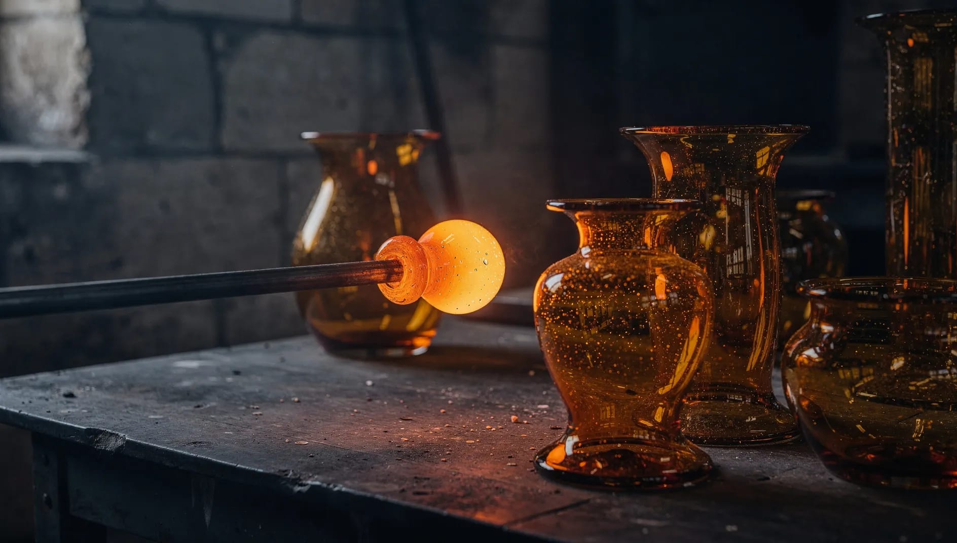 Composition éditoriale évoquant l'héritage verrier de la Mutuelle de Bagneaux avec verre soufflé ambré et lumière chaude d'atelier