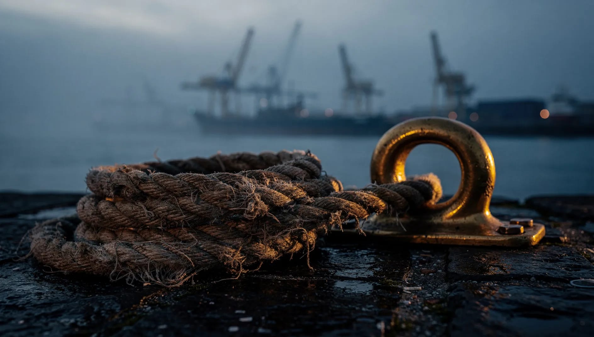 Nature morte éditoriale évoquant la Mutuelle du Personnel des Ports du Détroit, cordage et bollard sur un quai portuaire dans une lumière dorée et bleu nuit
