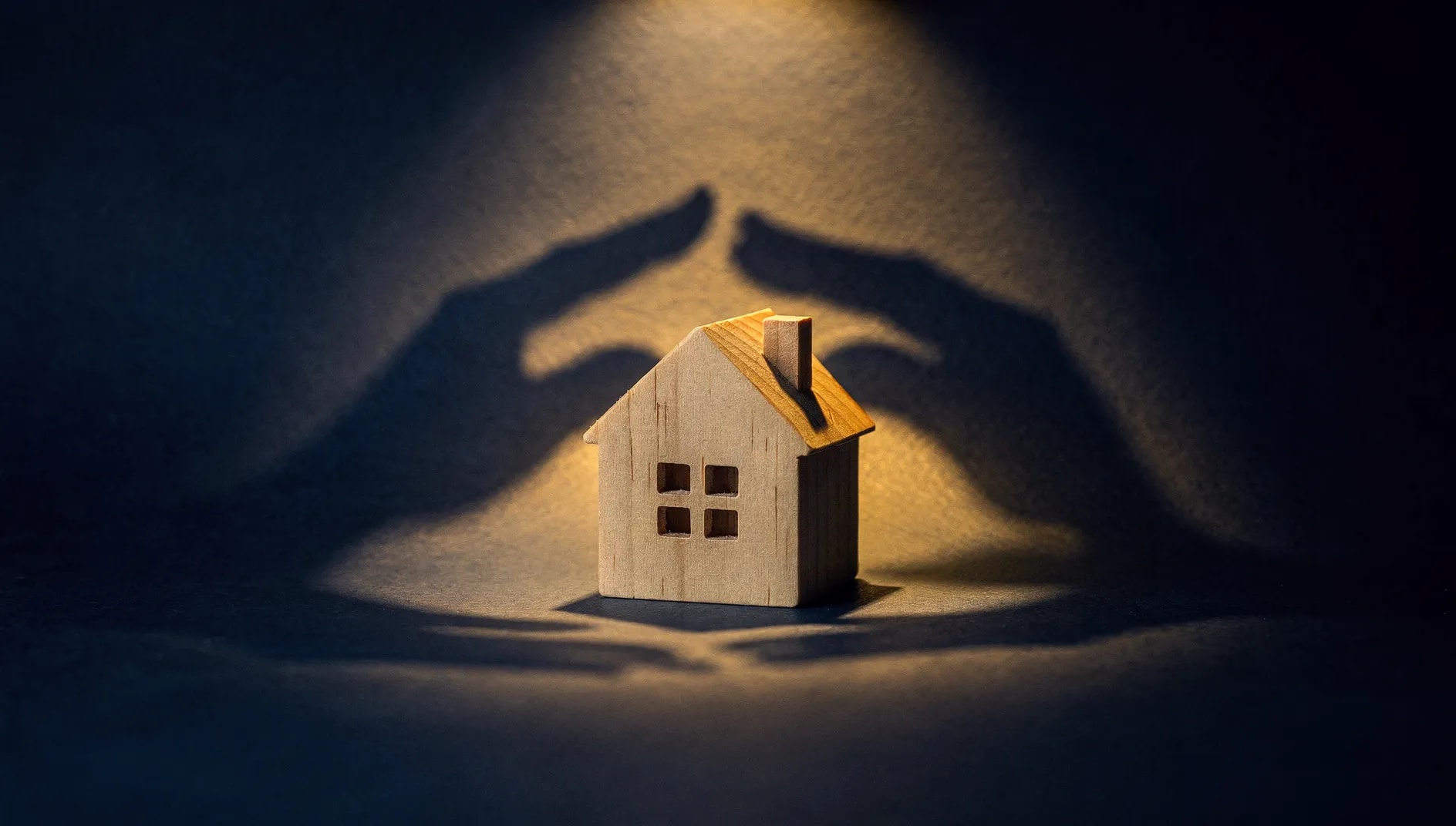 Petite maison en bois éclairée d'une lumière dorée évoquant la protection solidaire de l'OMPN Prévoyance, ambiance navy et or