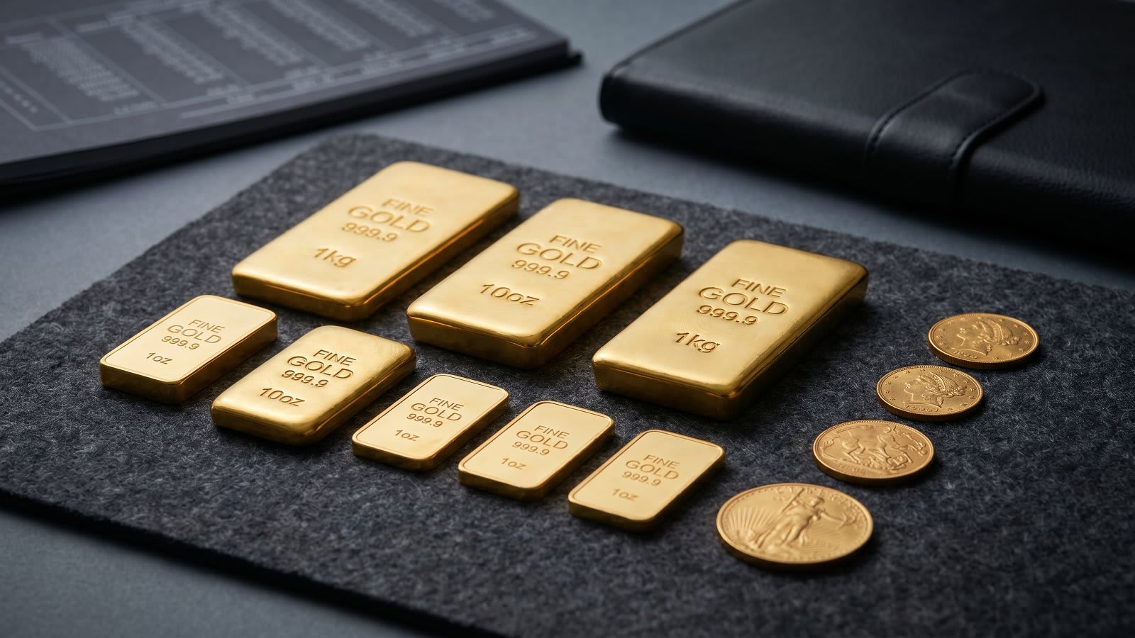 Lingots et pièces d'or d'investissement posés sur une surface sombre