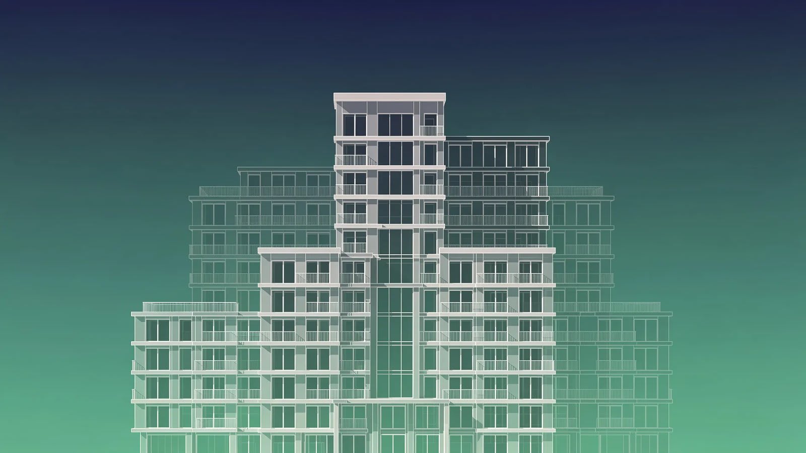 Visualisation abstraite de structures architecturales en élévation symbolisant l'investissement immobilier locatif et l'amortissement fiscal
