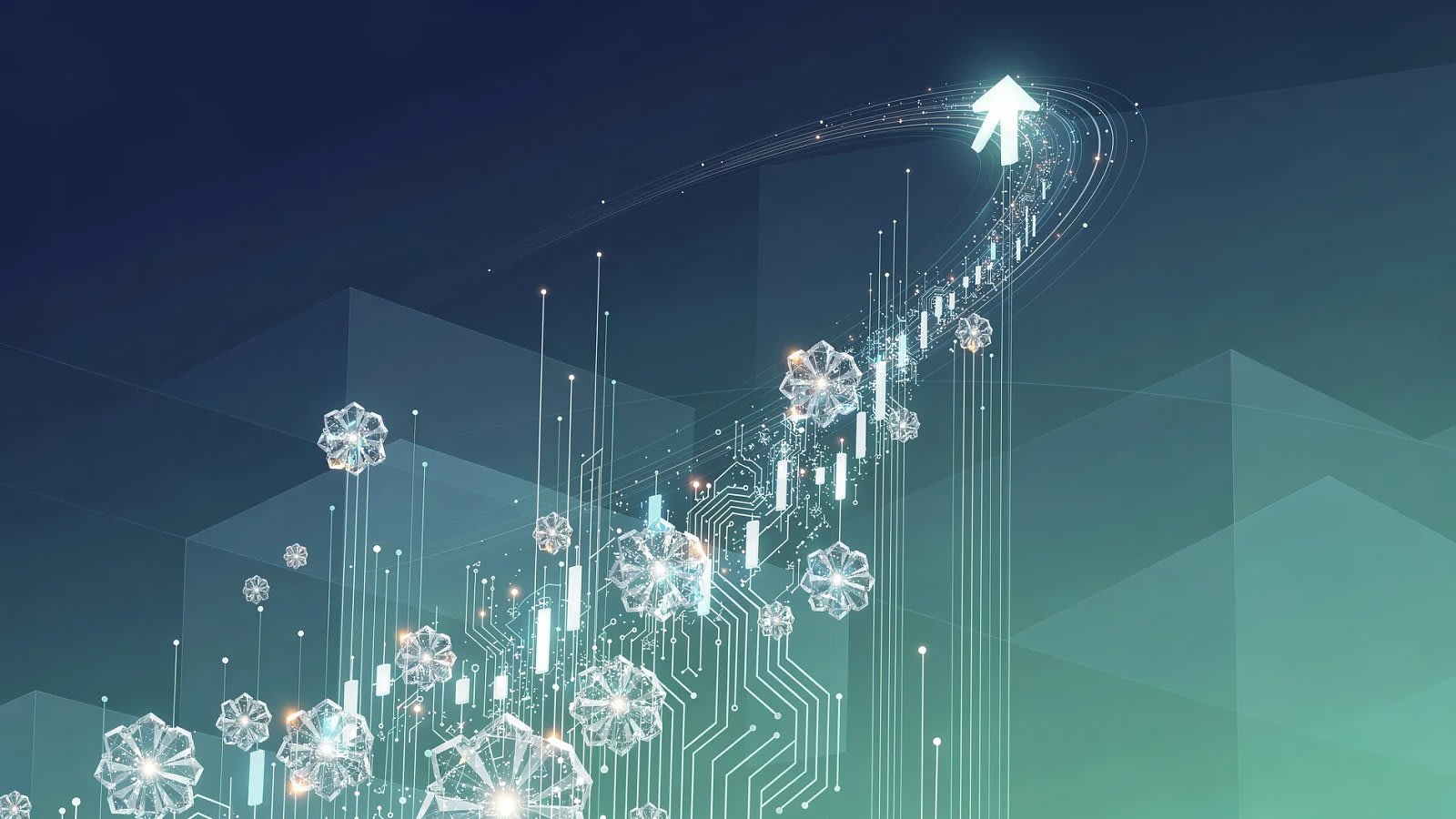 Représentation abstraite de flux de données et de trajectoires ascendantes symbolisant le rééquilibrage d'un indice boursier technologique