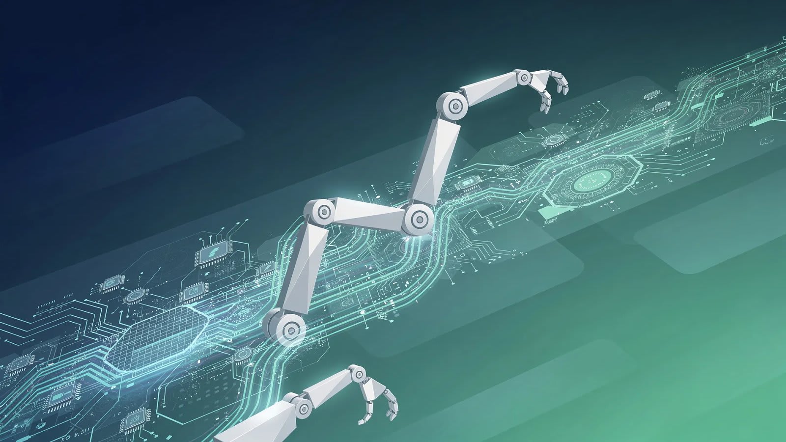Visualisation abstraite d'un flux ascendant de données technologiques se réorientant vers de nouvelles formes robotiques, symbolisant la rotation du marché japonais autour du thème de l'intelligence artificielle