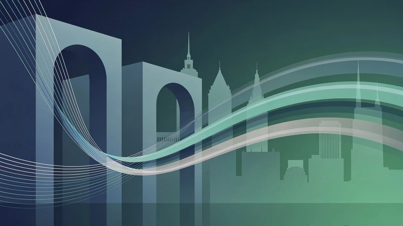 Visualisation abstraite de l'architecture institutionnelle européenne et de flux de données prudentielles simplifiés, tons bleu profond et vert