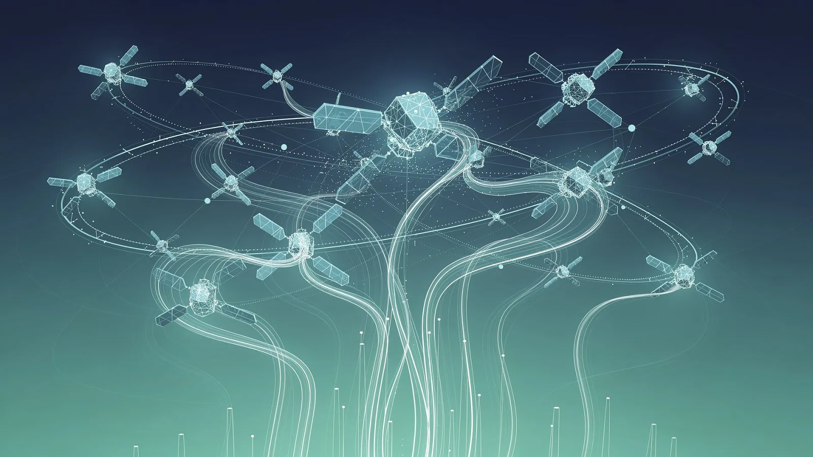 Visualisation abstraite d'un réseau de satellites en orbite reliés par des flux de données lumineux, symbolisant la fusion entre lancement spatial et communications