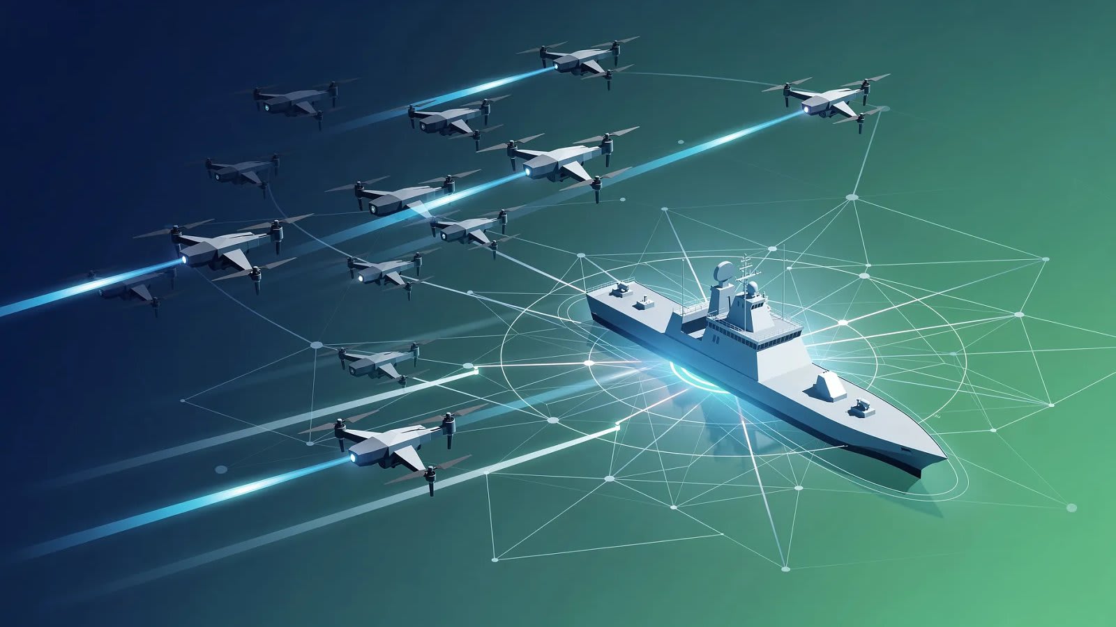 Visualisation abstraite de systèmes de drones autonomes en réseau et de faisceaux d'énergie dirigée, symbolisant la modernisation technologique de la défense britannique
