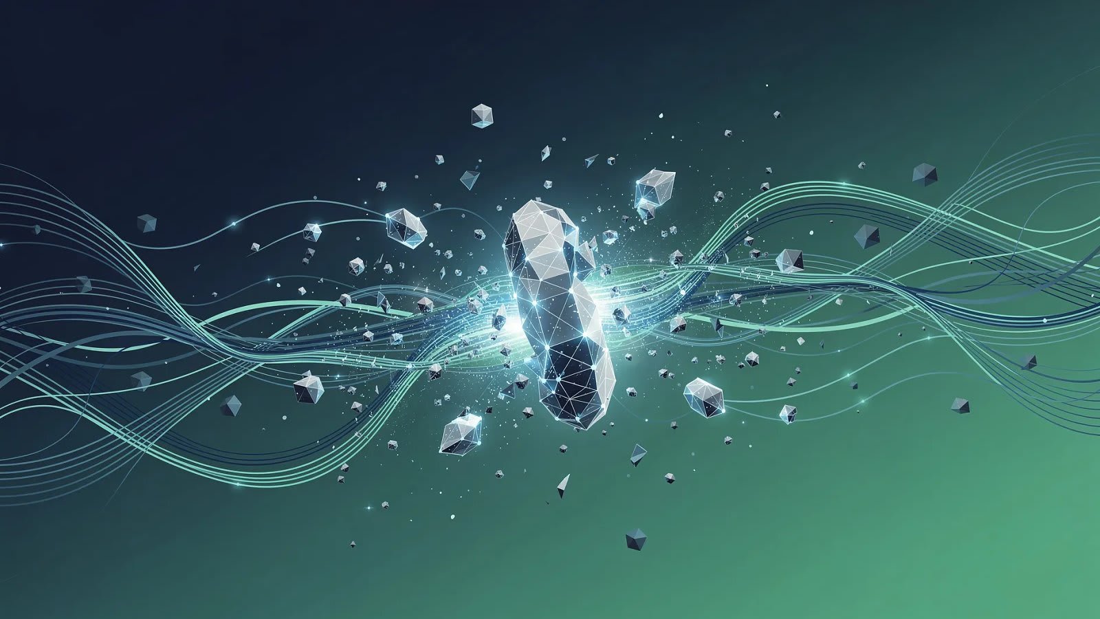 Visualisation abstraite de flux de données numériques fragmentés symbolisant la disruption de la relation client par l'intelligence artificielle