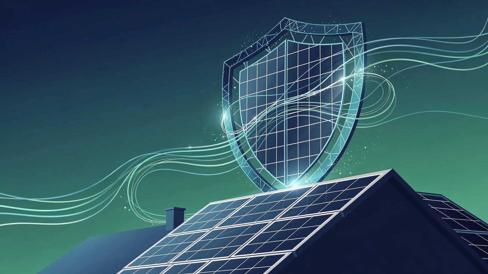 Illustration abstraite de surfaces solaires géométriques et de flux d'énergie protégés, symbolisant l'assurance des installations photovoltaïques résidentielles