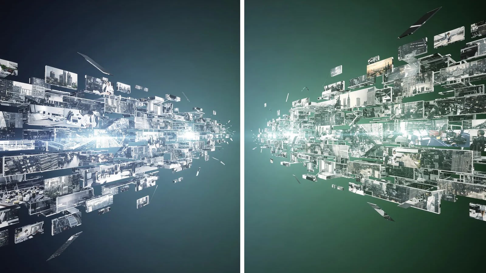 Illustration abstraite de deux flux d'images qui se rejoignent puis se séparent, symbolisant l'échec du rapprochement entre Getty et Shutterstock