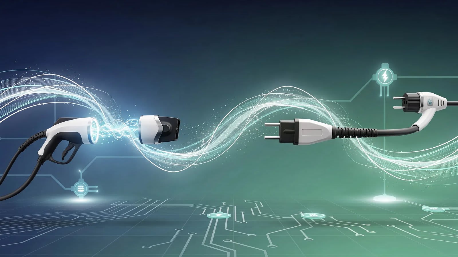 Illustration abstraite d'un réseau de recharge électrique, connecteurs stylisés et flux d'énergie sur dégradé bleu et vert