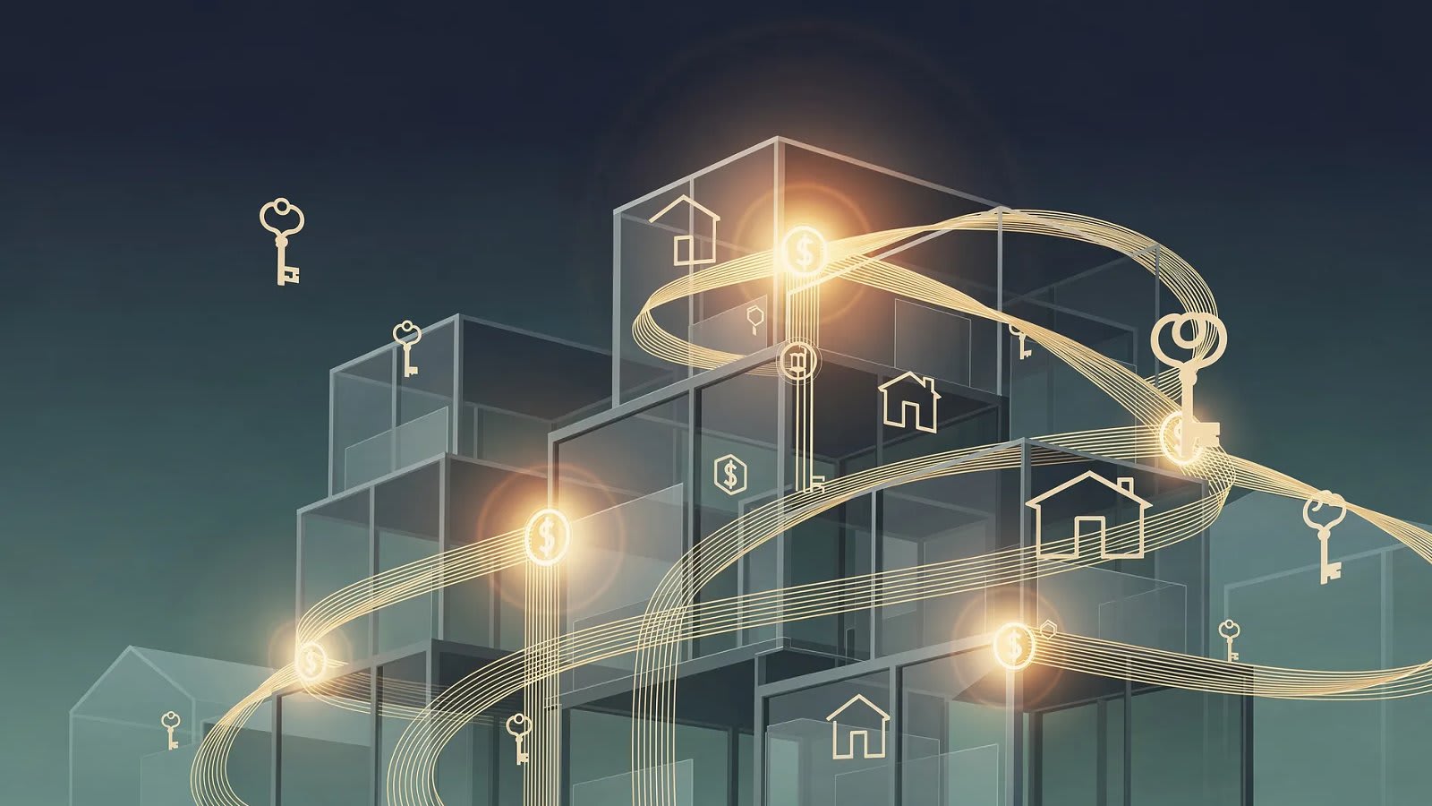 Illustration abstraite de la transmission patrimoniale et du financement immobilier familial, formes architecturales et flux de capitaux en dégradé bleu et vert