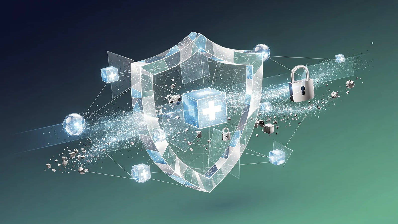 Visualisation abstraite d'un réseau de données médicales sécurisées traversé par des flux numériques, symbolisant le risque cyber dans les laboratoires d'analyse