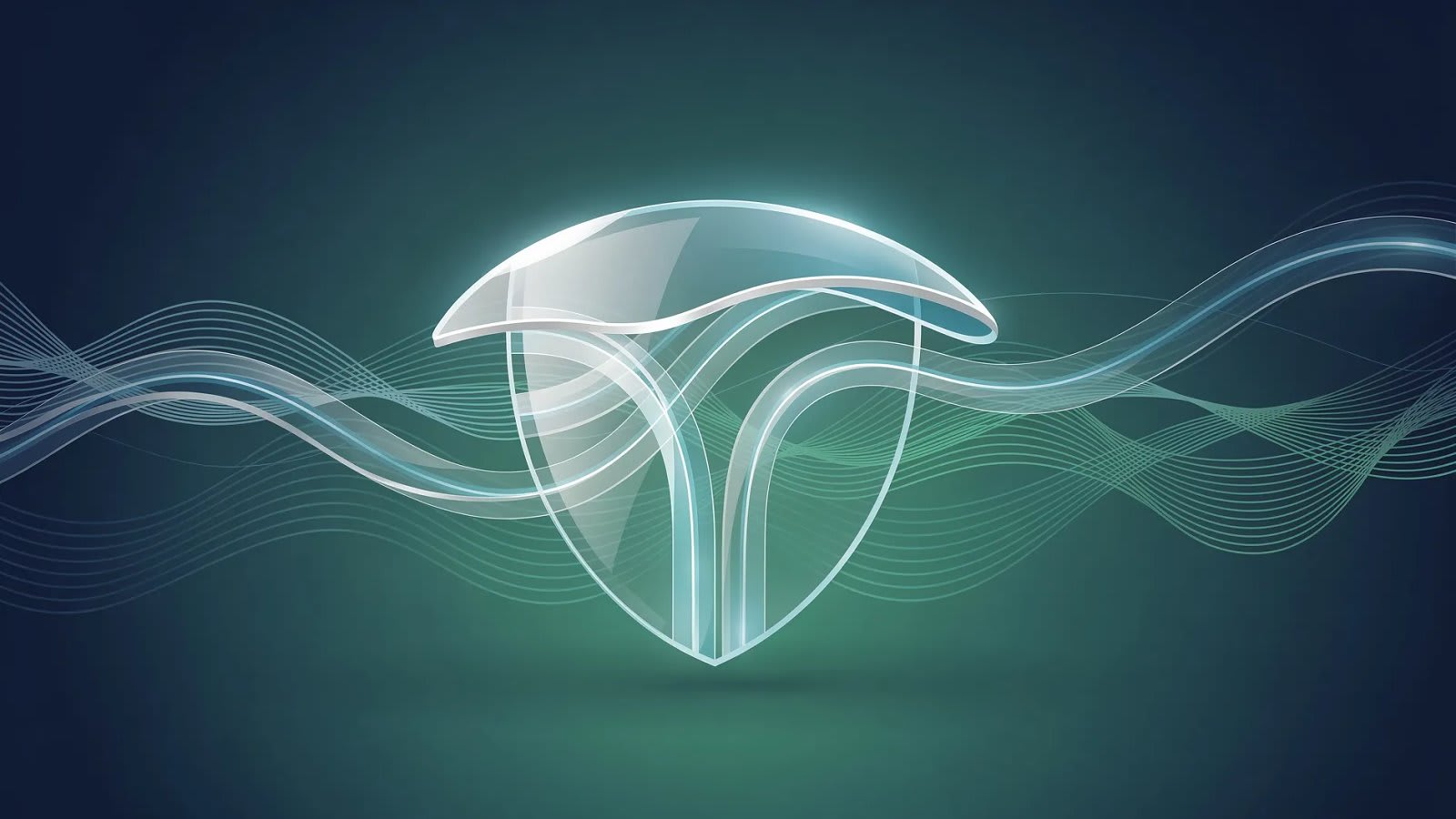 Visualisation abstraite de la protection financière d'une famille, flux de revenus réguliers protégés par un bouclier symbolique en dégradé bleu et vert