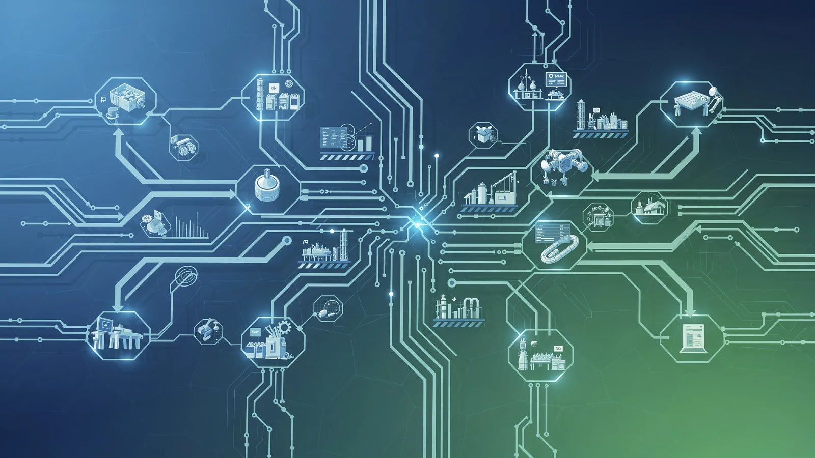 Illustration abstraite de flux de données industrielles connectés et d'architecture logicielle d'intelligence artificielle en dégradé bleu et vert