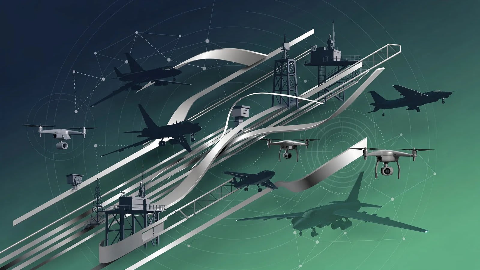 Illustration abstraite de silhouettes d'avions et de flux industriels symbolisant les contrats d'armement multinationaux de l'OTAN