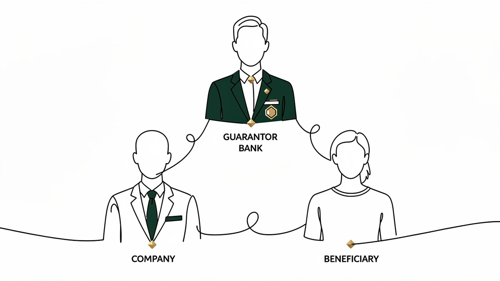 Schéma du mécanisme d'un engagement de caution par signature entre entreprise, garant et bénéficiaire