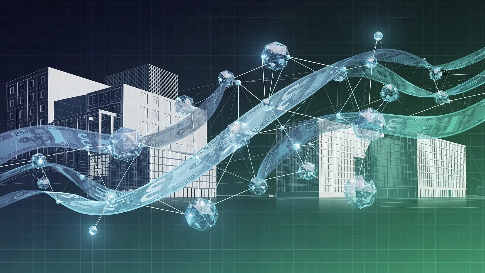Illustration abstraite de structures cristallines numériques et de flux monétaires en euro symbolisant la régulation MiCA du marché européen des cryptoactifs