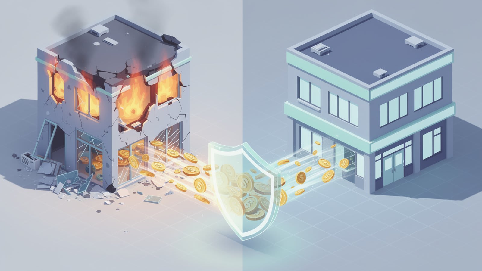 Schéma opposant la perte d'exploitation classique déclenchée par un dommage matériel et la perte d'exploitation sans dommage