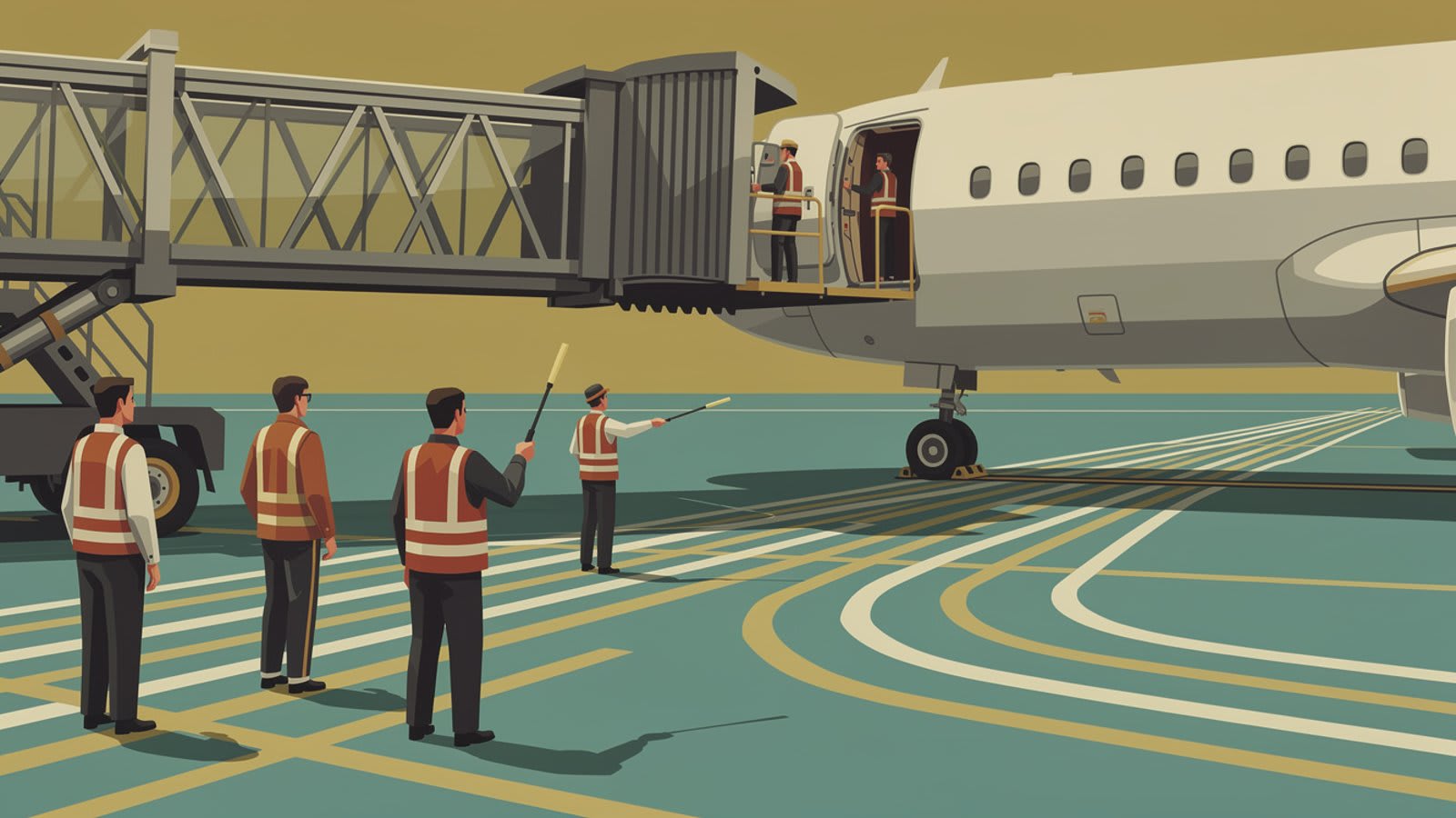 Équipe d'assistance en escale positionnant une passerelle sur un avion