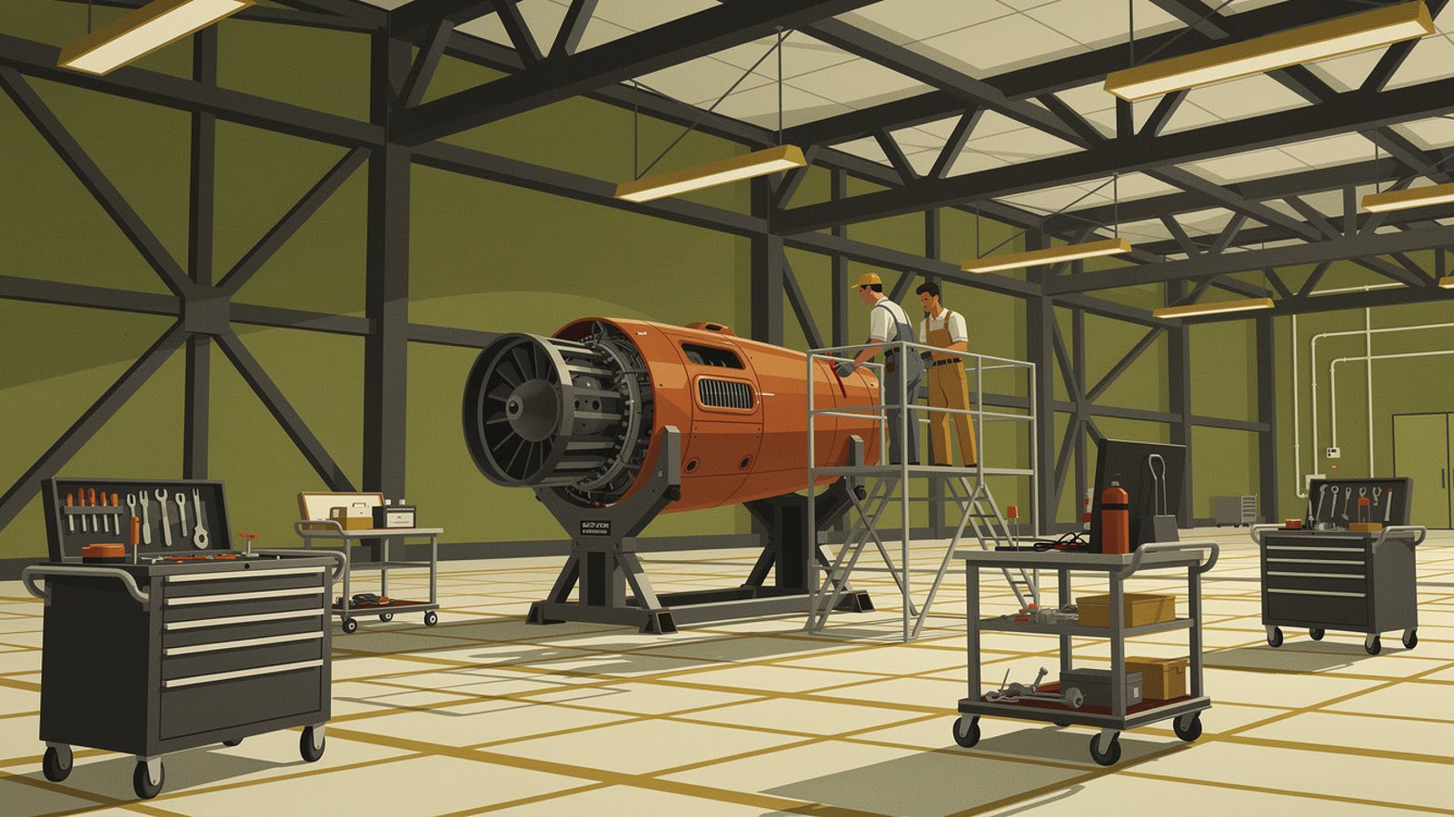 Atelier de maintenance aéronautique avec un réacteur déposé sur son support