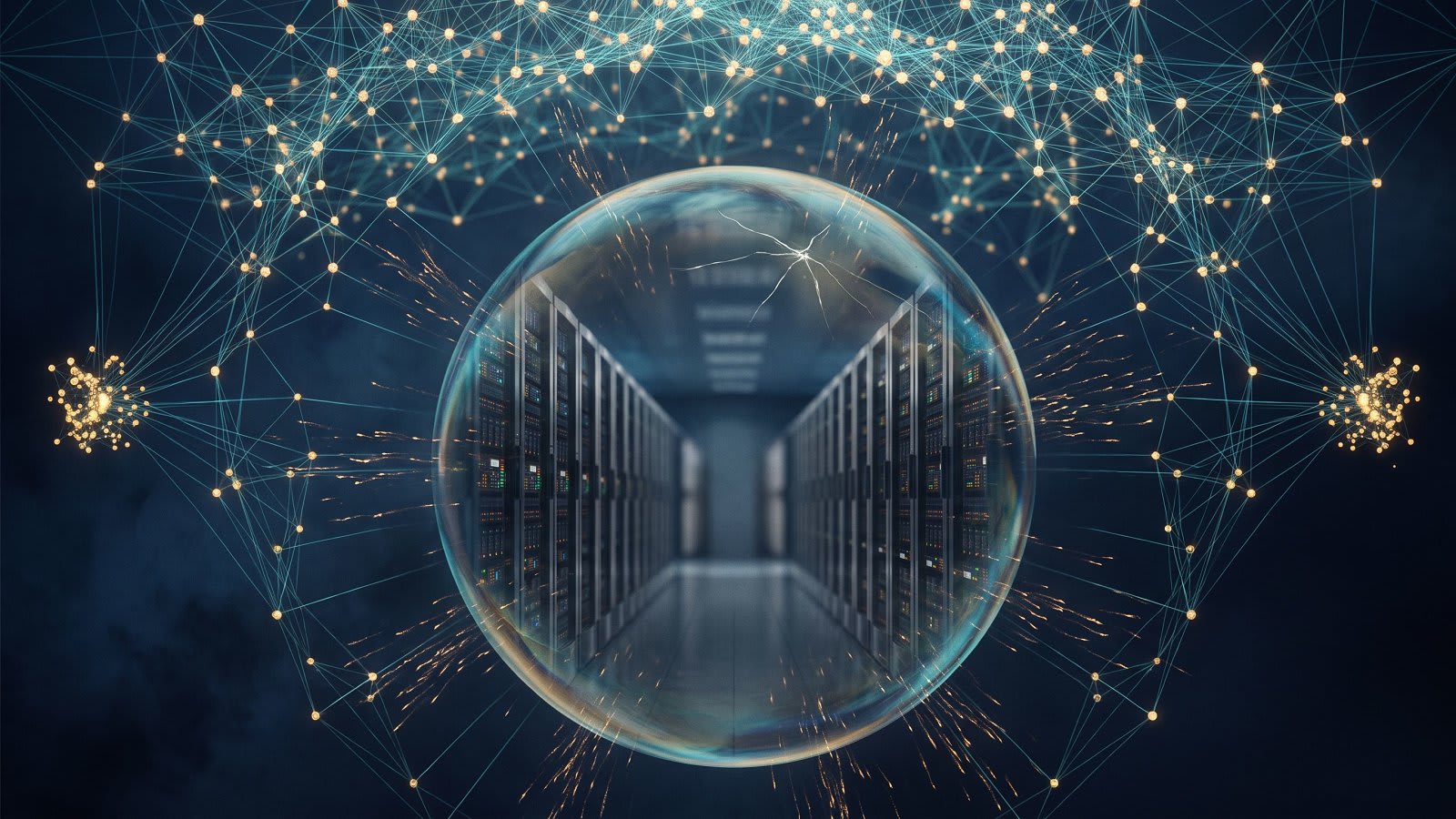 Salle de serveurs enfermée dans une bulle irisée fissurée, entourée d'un vaste réseau lumineux d'intelligence qui continue de s'étendre au-delà de la bulle