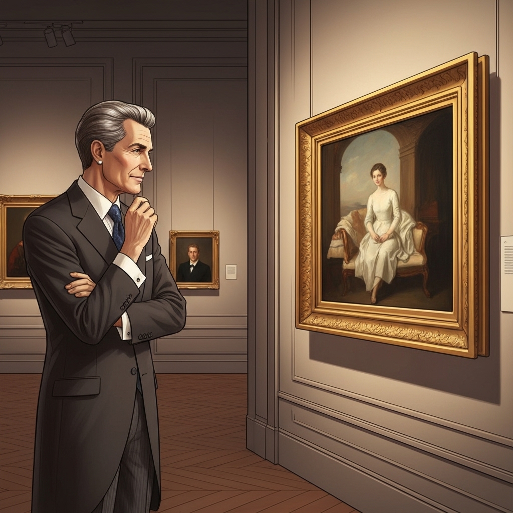 Collectionneur d'art français admirant une œuvre de maître dans une galerie