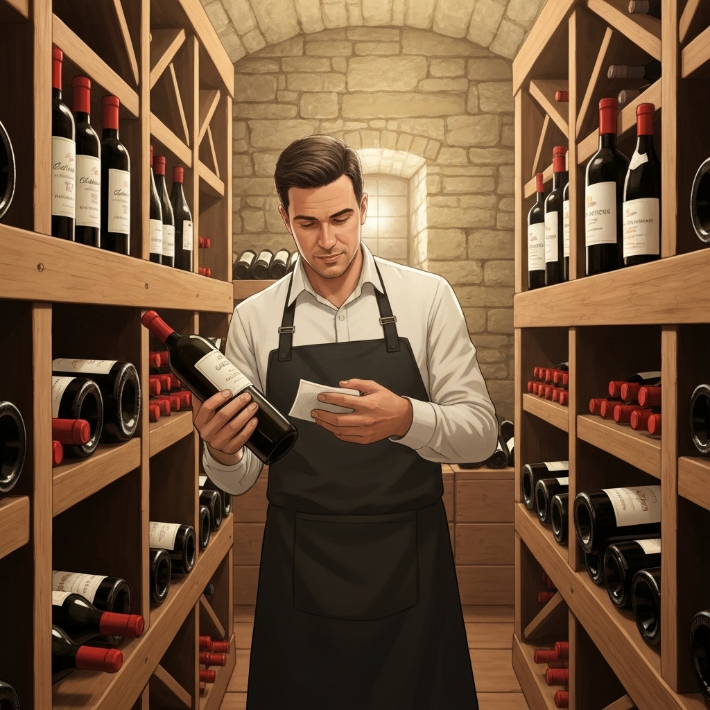 Expert sommelier évaluant la valeur d'une collection de grands crus français