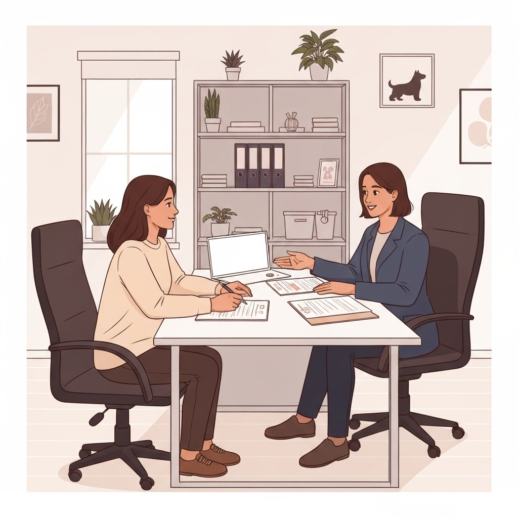 Propriétaire français choisissant l'assurance pour son chien avec un conseiller