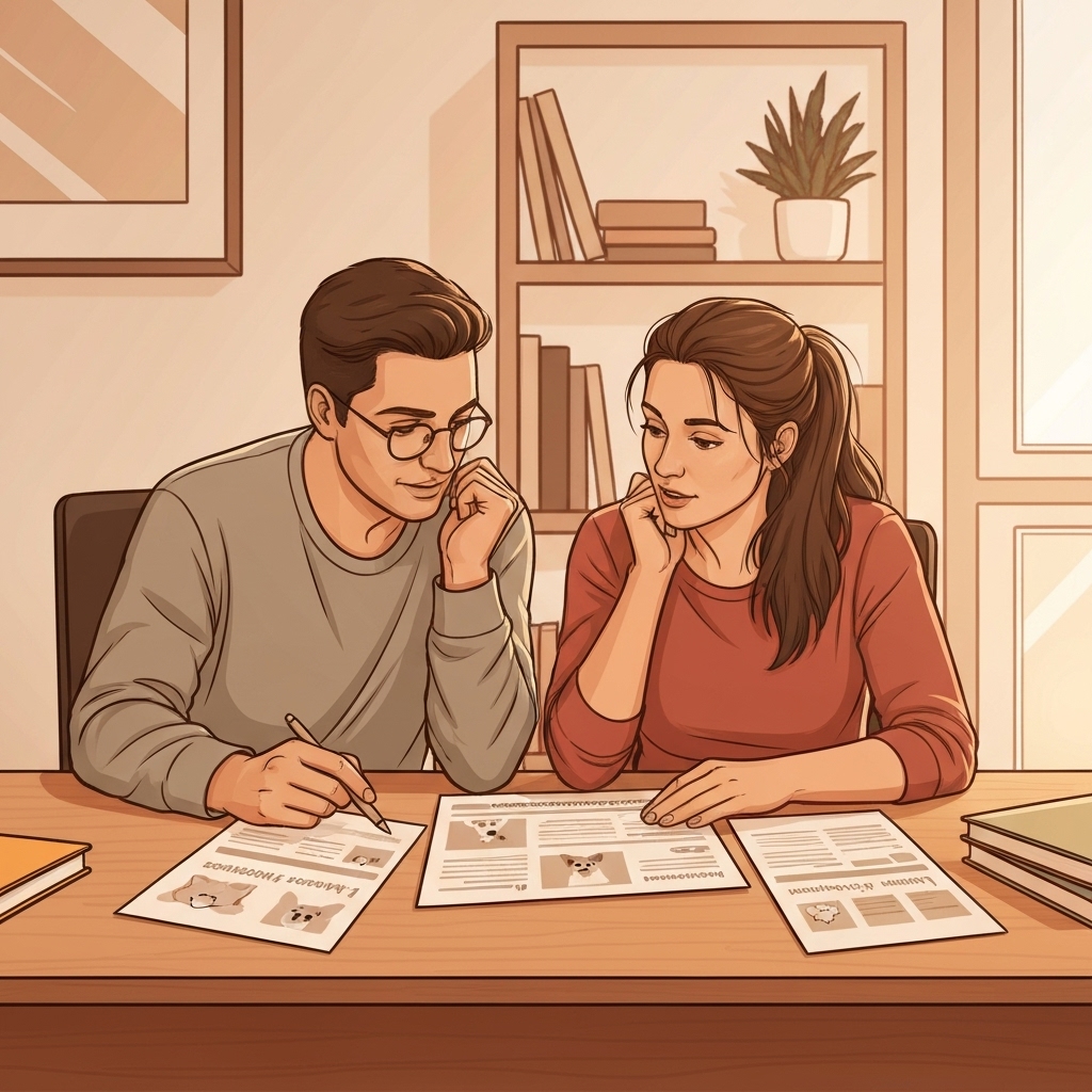 Propriétaires comparant assurance animaux et mutuelle santé pour leur famille