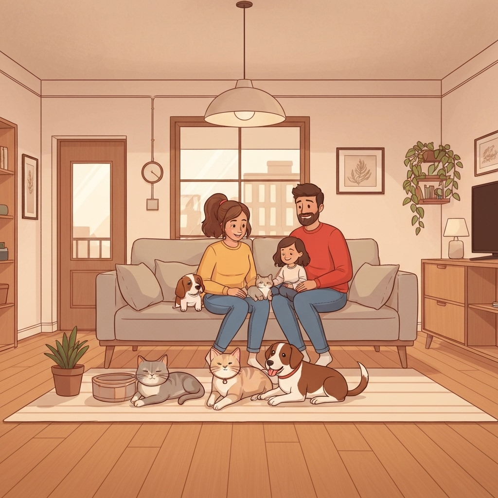 Famille heureuse avec plusieurs animaux de compagnie protégés