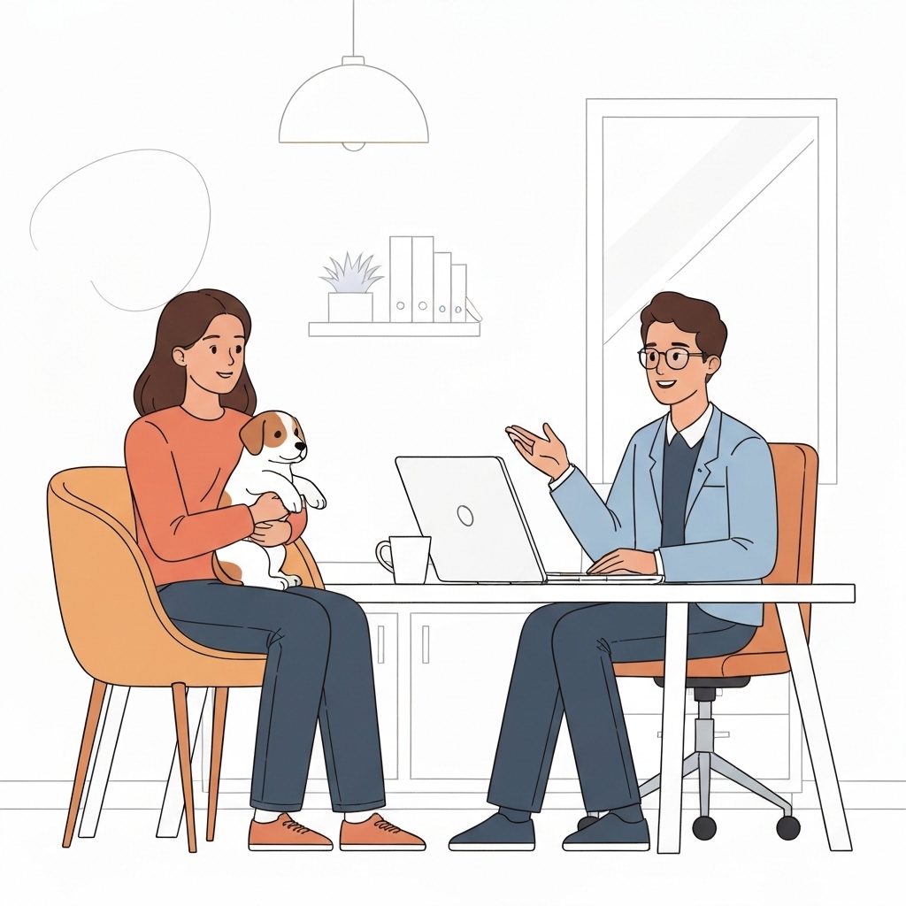 Nouveau propriétaire de chiot consultant avec un expert en assurance