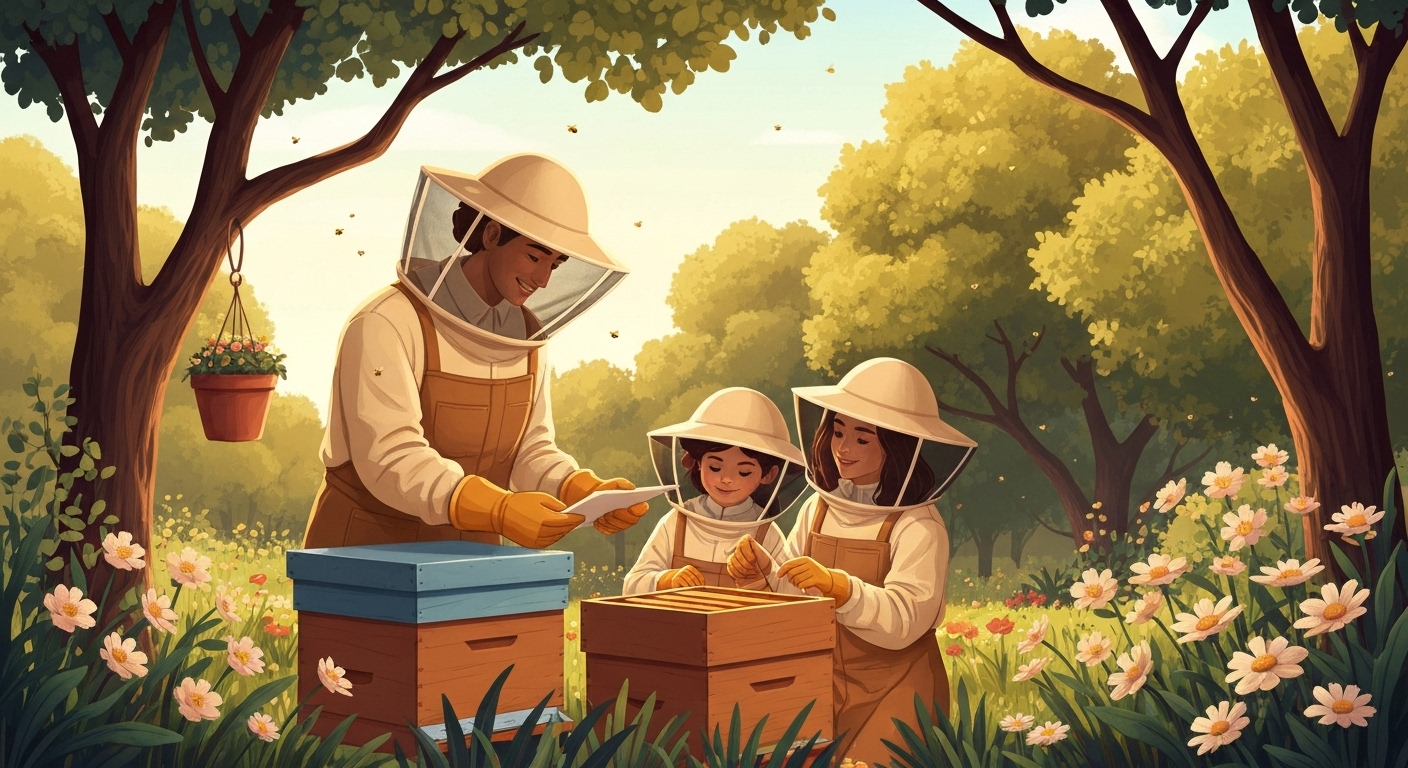 Famille française d'apiculteurs amateurs avec leurs ruches dans un jardin