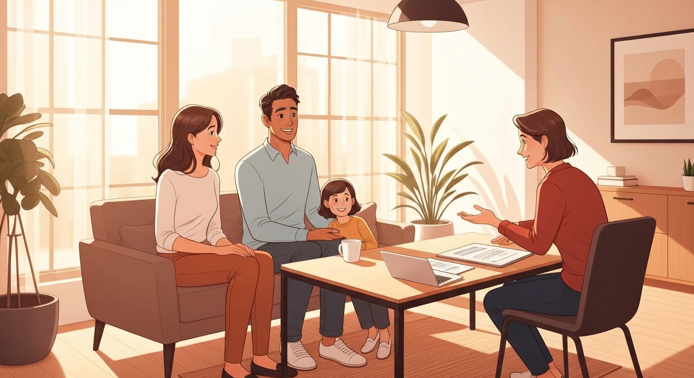Famille française recevant conseil personnalisé pour leur assurance