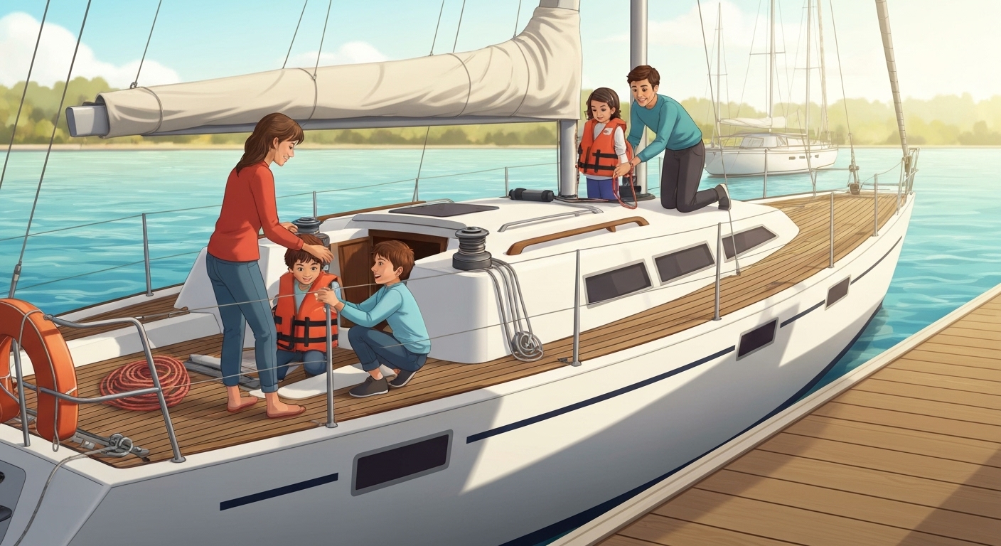 Famille française préparant leur bateau pour la saison