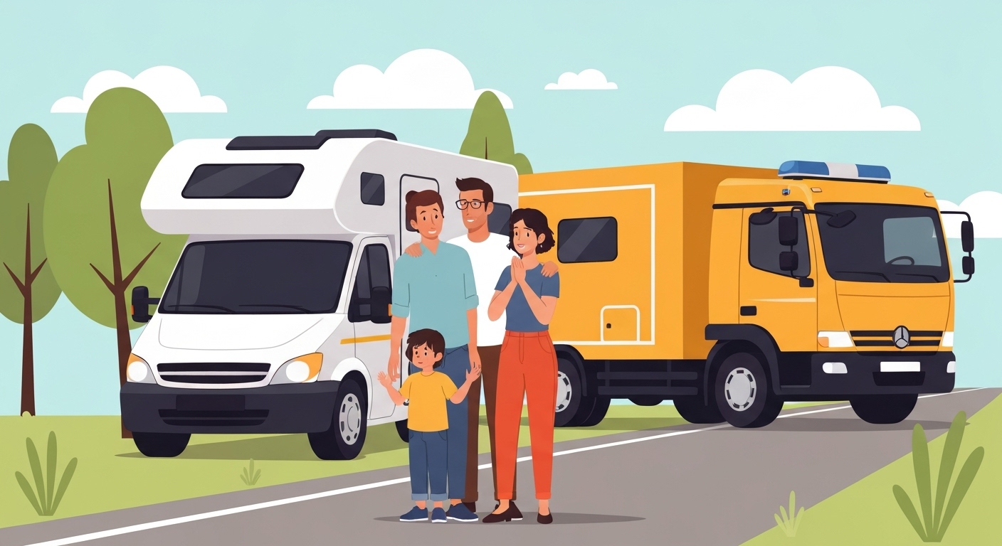 Famille utilisant l'assistance routière pour leur camping-car