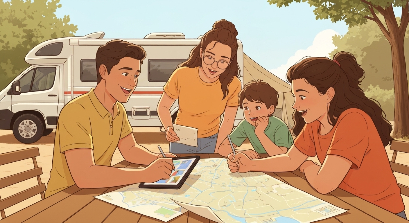 Jeune famille planifiant leur voyage en camping-car