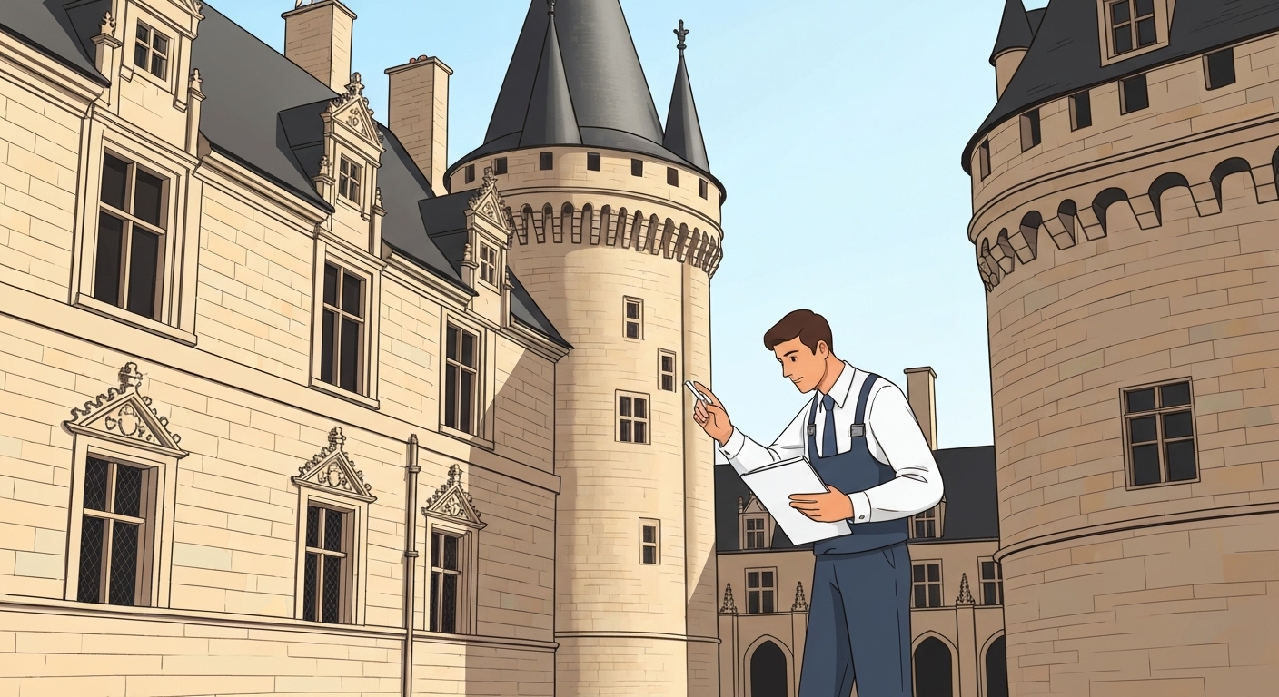 Expert évaluant château historique pour assurance