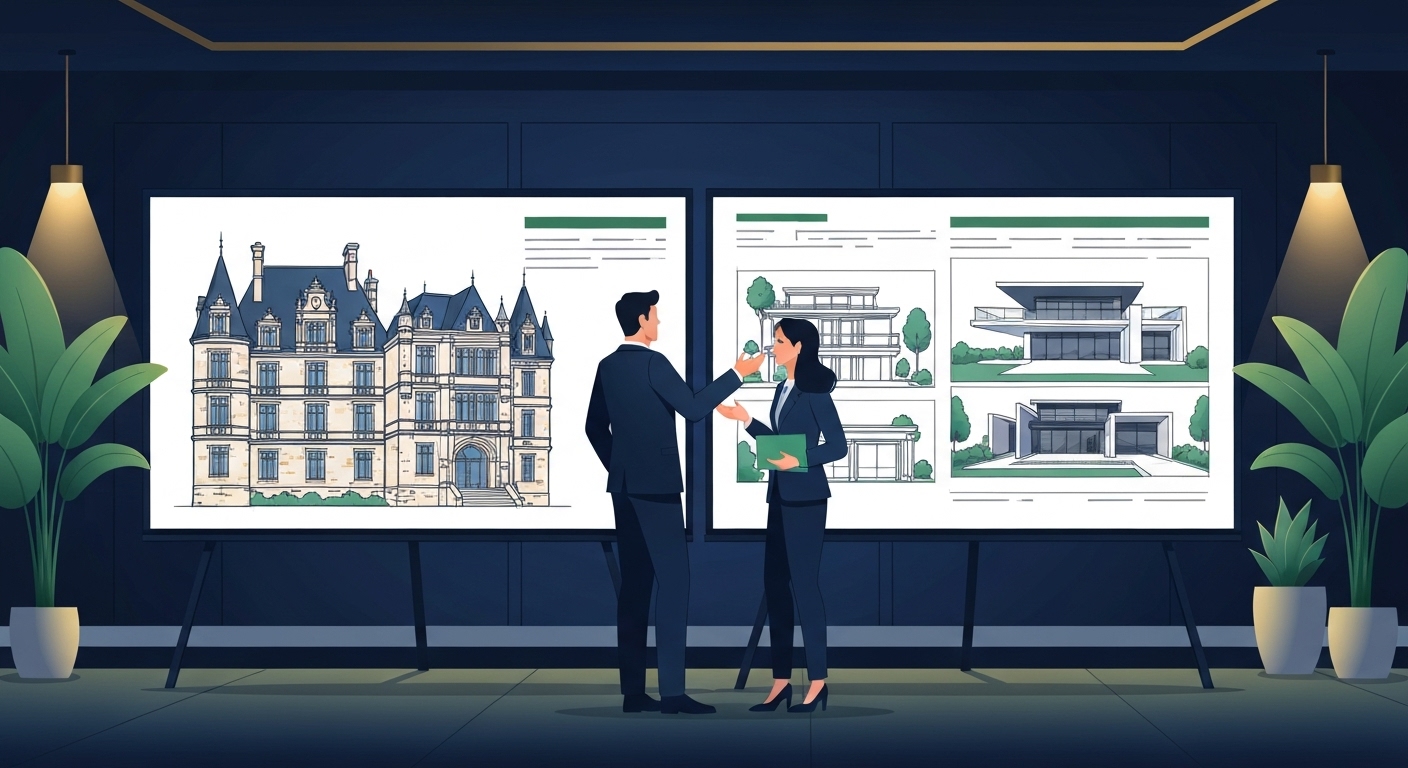 Comparaison visuelle château classé monument historique versus propriété prestige moderne