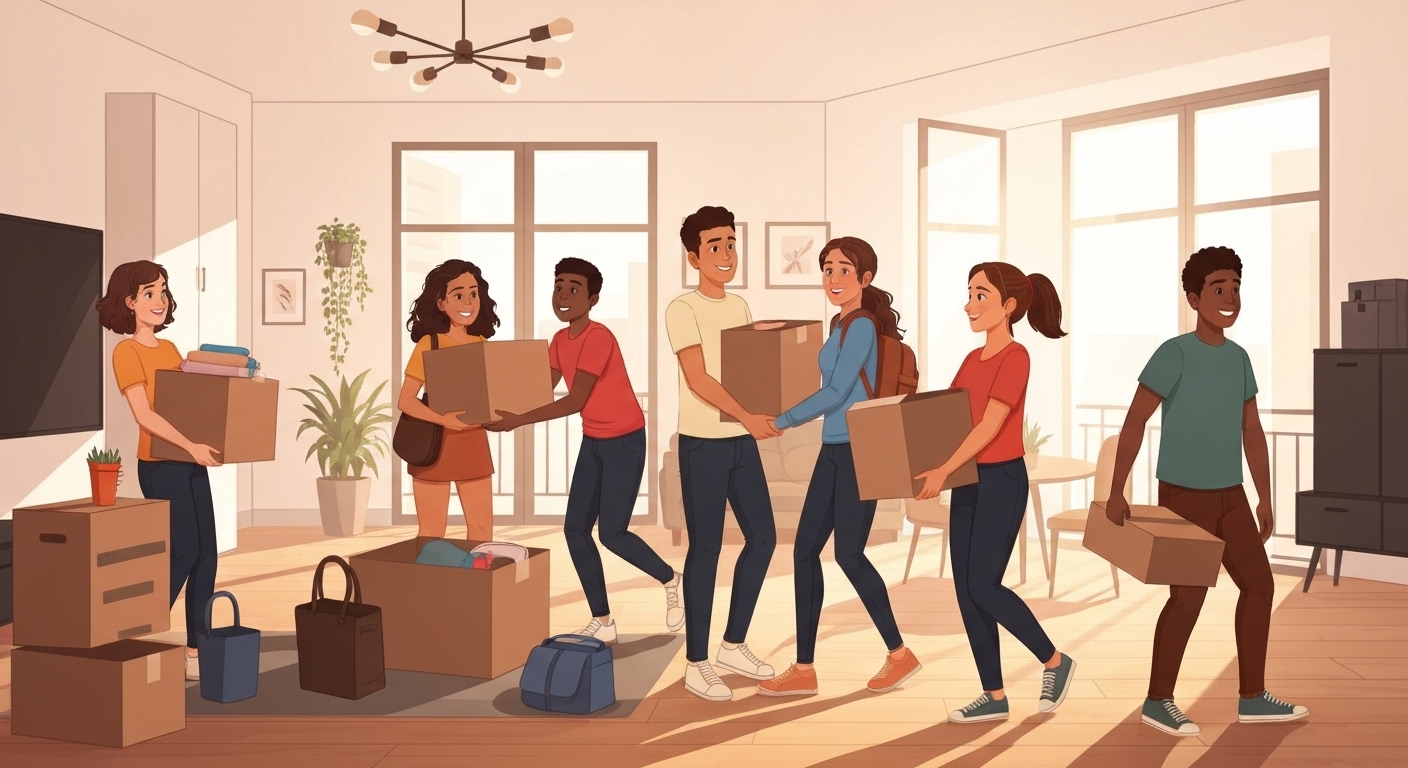 Illustration : Groupe de colocataires étudiants emménageant dans leur nouvel appartement